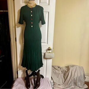 Vtg Forest Green Pleated Tie Waist Rosettes Cottagecore Knit Midi Dress M/L